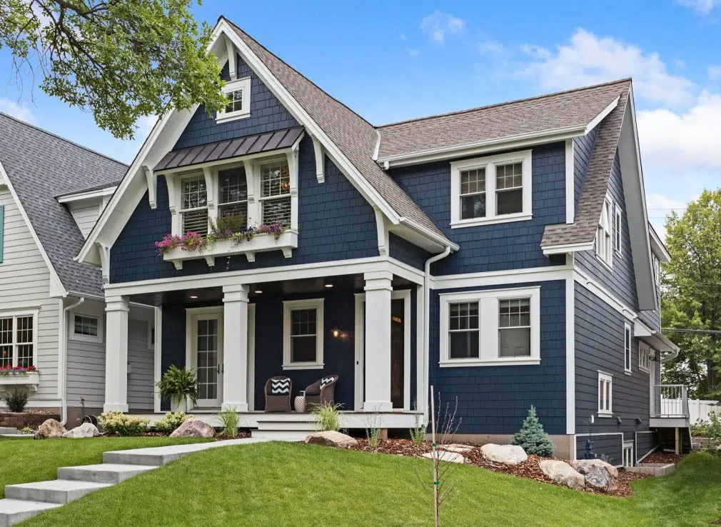James Hardie Straight Edge Shingles in Evening Blue Exterior home siding - installation cost of James Hardie, cedar, vinyl siding in Marietta, GA